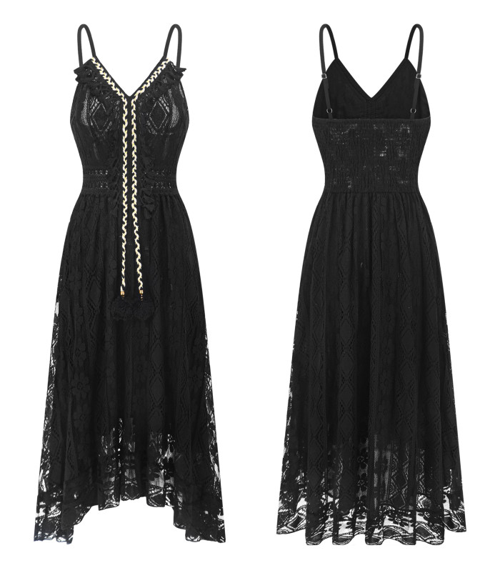 R.Vivimos Womens Summer Lace Sundress Adjustable Spaghetti Strap Boho Tassel Asymmetrical Hem Sexy Beach Floral Midi Dress