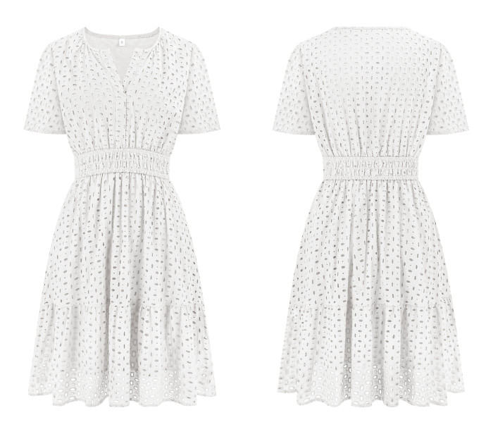 R.Vivimos Womens Summer Cotton Eyelet Dress 2025 Short Sleeve V Neck Elastic Waist Embroidered Hollow Out A-Line Mini Dress