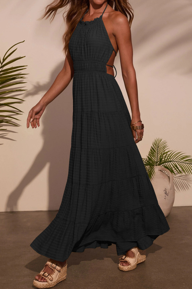R.Vivimos Maxi Halter Dresses for Women Summer 2025 Boho Sleeveless Elastic Waist Sexy Backless Tiered Flowy Beach Sundress