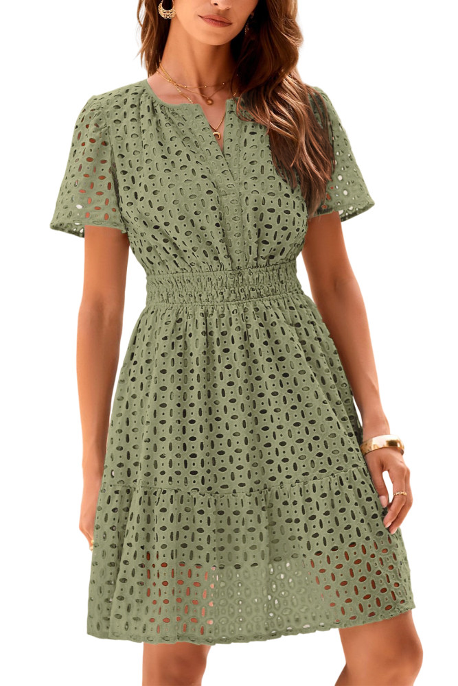 R.Vivimos Womens Summer Cotton Eyelet Dress 2025 Short Sleeve V Neck Elastic Waist Embroidered Hollow Out A-Line Mini Dress