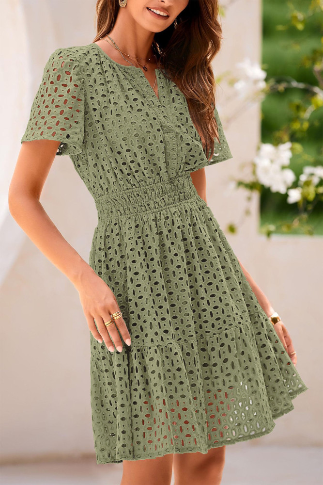 R.Vivimos Womens Summer Cotton Eyelet Dress 2025 Short Sleeve V Neck Elastic Waist Embroidered Hollow Out A-Line Mini Dress