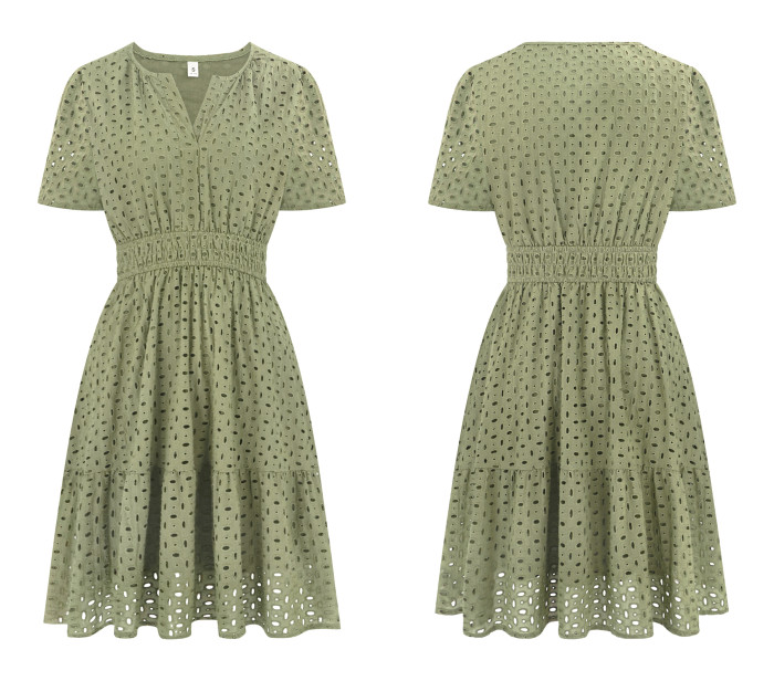 R.Vivimos Womens Summer Cotton Eyelet Dress 2025 Short Sleeve V Neck Elastic Waist Embroidered Hollow Out A-Line Mini Dress