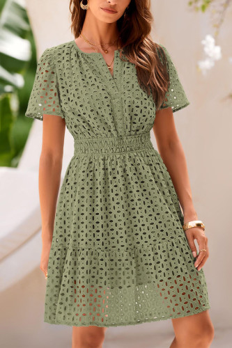 R.Vivimos Womens Summer Cotton Eyelet Dress 2025 Short Sleeve V Neck Elastic Waist Embroidered Hollow Out A-Line Mini Dress