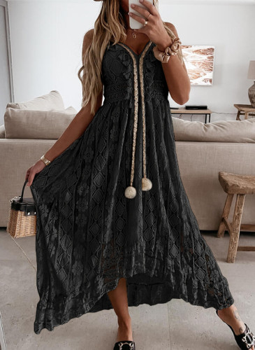 R.Vivimos Womens Summer Lace Sundress Adjustable Spaghetti Strap Boho Tassel Asymmetrical Hem Sexy Beach Floral Midi Dress