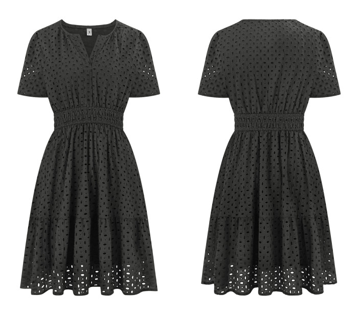 R.Vivimos Womens Summer Cotton Eyelet Dress 2025 Short Sleeve V Neck Elastic Waist Embroidered Hollow Out A-Line Mini Dress