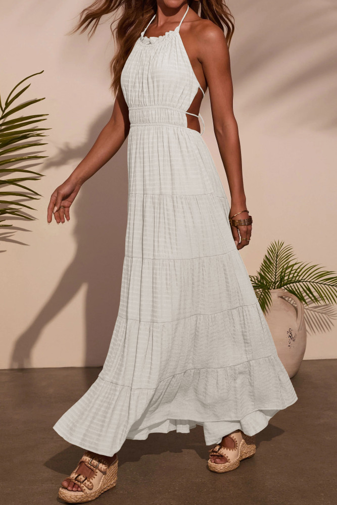 R.Vivimos Maxi Halter Dresses for Women Summer 2025 Boho Sleeveless Elastic Waist Sexy Backless Tiered Flowy Beach Sundress