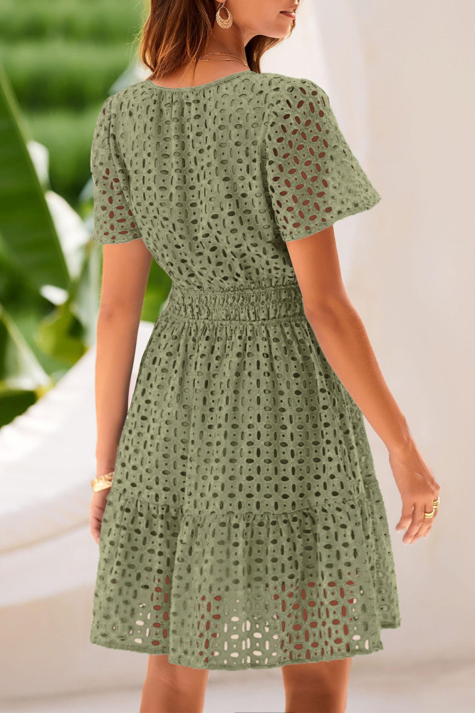 R.Vivimos Womens Summer Cotton Eyelet Dress 2025 Short Sleeve V Neck Elastic Waist Embroidered Hollow Out A-Line Mini Dress