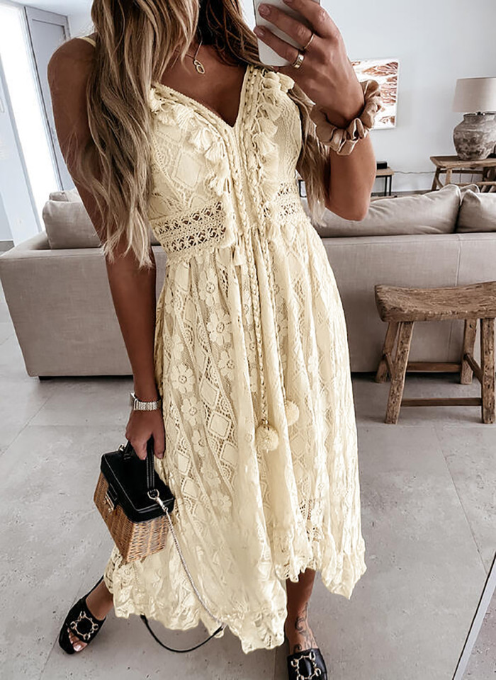 R.Vivimos Womens Summer Lace Sundress Adjustable Spaghetti Strap Boho Tassel Asymmetrical Hem Sexy Beach Floral Midi Dress
