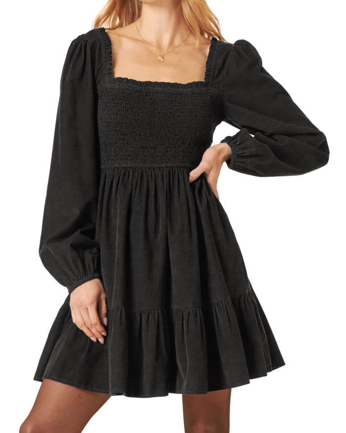 R.Vivimos Womens 2025 Fall Corduroy Cotton Long Sleeve Square Neck Elastic Smocked A-Line Ruffle Mini Dress