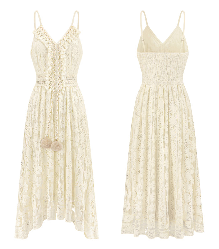 R.Vivimos Womens Summer Lace Sundress Adjustable Spaghetti Strap Boho Tassel Asymmetrical Hem Sexy Beach Floral Midi Dress