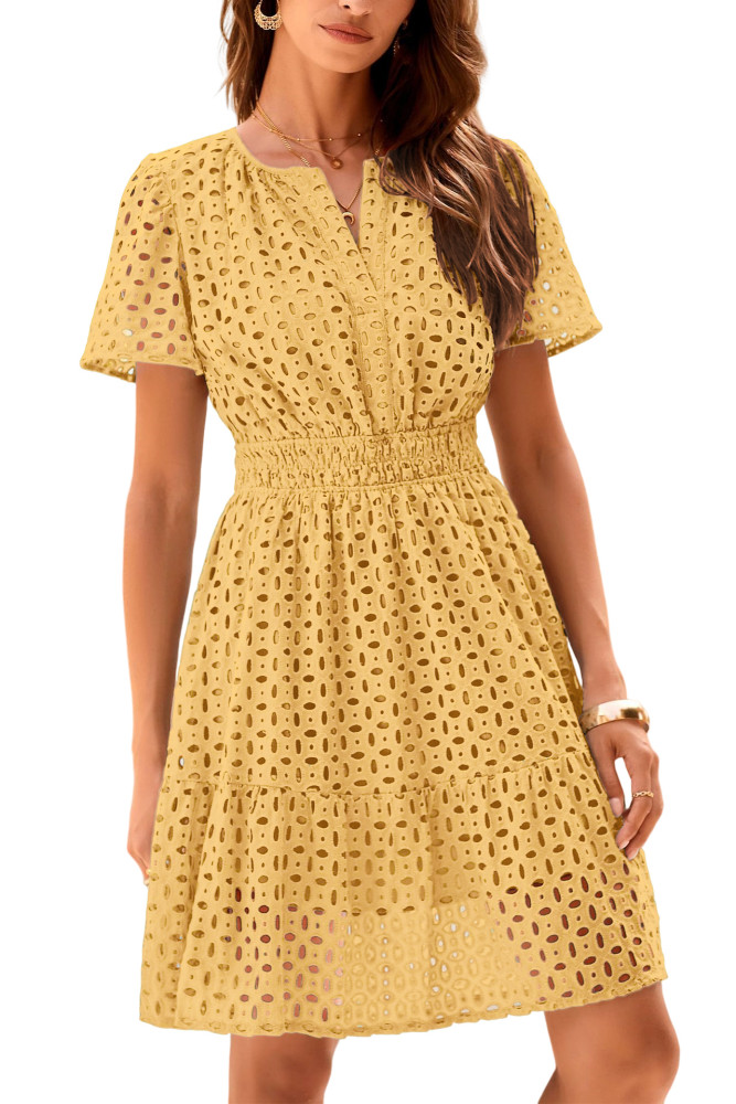 R.Vivimos Womens Summer Cotton Eyelet Dress 2025 Short Sleeve V Neck Elastic Waist Embroidered Hollow Out A-Line Mini Dress