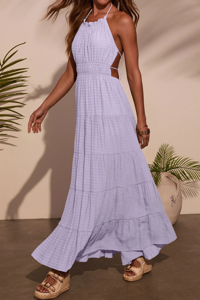 R.Vivimos Maxi Halter Dresses for Women Summer 2025 Boho Sleeveless Elastic Waist Sexy Backless Tiered Flowy Beach Sundress