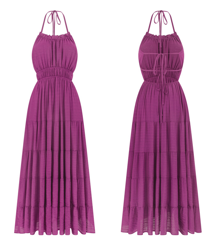 R.Vivimos Maxi Halter Dresses for Women Summer 2025 Boho Sleeveless Elastic Waist Sexy Backless Tiered Flowy Beach Sundress