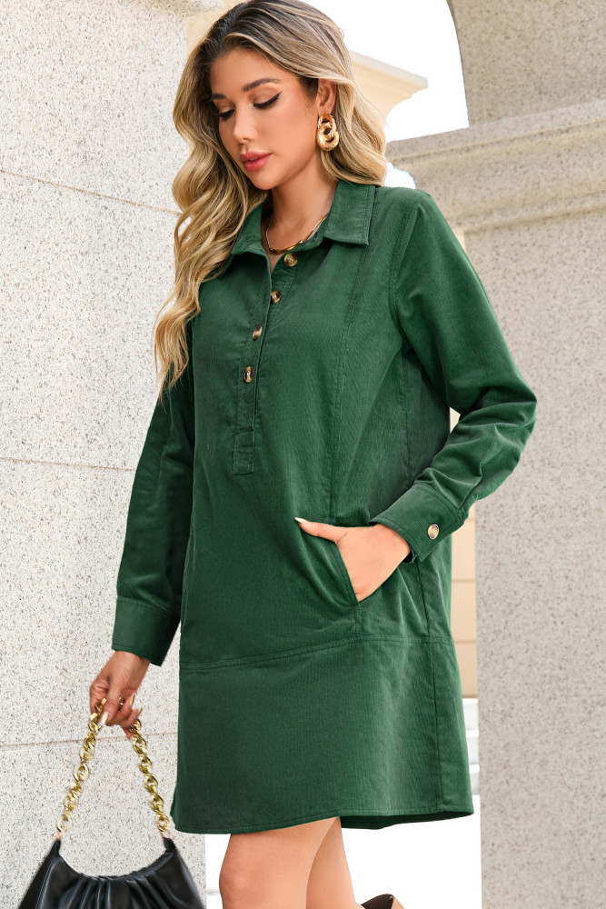 R.Vivimos 2025 Fall Corduroy Cotton Casual Dresses for Women Long Sleeve Button Up Shift Mini Dress with Pockets
