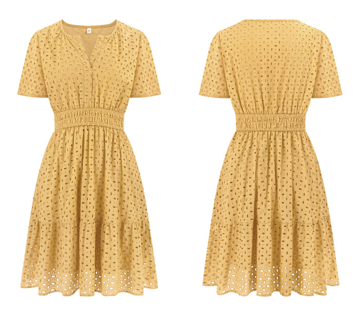 R.Vivimos Womens Summer Cotton Eyelet Dress 2025 Short Sleeve V Neck Elastic Waist Embroidered Hollow Out A-Line Mini Dress