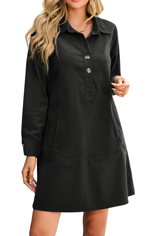 R.Vivimos 2025 Fall Corduroy Cotton Casual Dresses for Women Long Sleeve Button Up Shift Mini Dress with Pockets