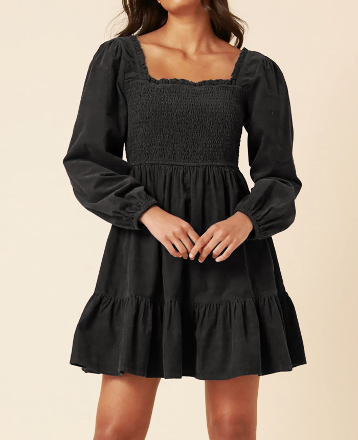 R.Vivimos Womens 2025 Fall Corduroy Cotton Long Sleeve Square Neck Elastic Smocked A-Line Ruffle Mini Dress
