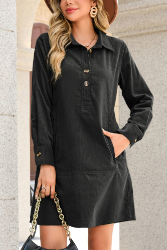R.Vivimos 2025 Fall Corduroy Cotton Casual Dresses for Women Long Sleeve Button Up Shift Mini Dress with Pockets