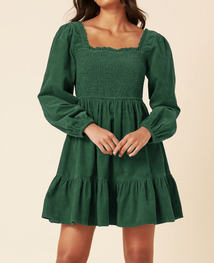 R.Vivimos Womens 2025 Fall Corduroy Cotton Long Sleeve Square Neck Elastic Smocked A-Line Ruffle Mini Dress