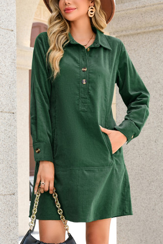 R.Vivimos 2025 Fall Corduroy Cotton Casual Dresses for Women Long Sleeve Button Up Shift Mini Dress with Pockets