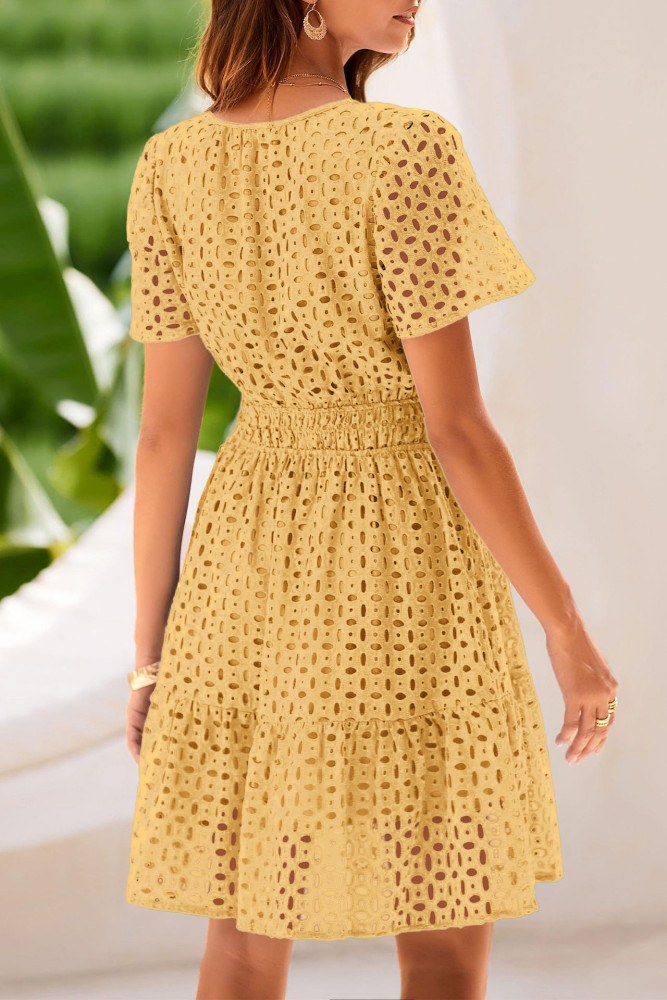 R.Vivimos Womens Summer Cotton Eyelet Dress 2025 Short Sleeve V Neck Elastic Waist Embroidered Hollow Out A-Line Mini Dress