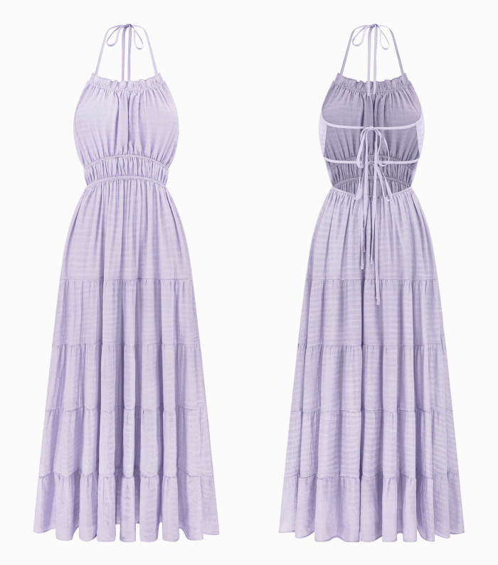 R.Vivimos Maxi Halter Dresses for Women Summer 2025 Boho Sleeveless Elastic Waist Sexy Backless Tiered Flowy Beach Sundress
