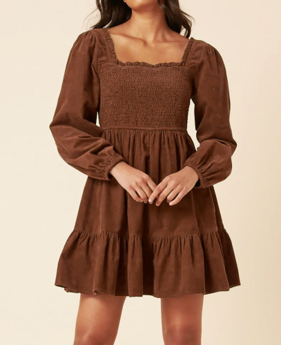 R.Vivimos Womens 2025 Fall Corduroy Cotton Long Sleeve Square Neck Elastic Smocked A-Line Ruffle Mini Dress