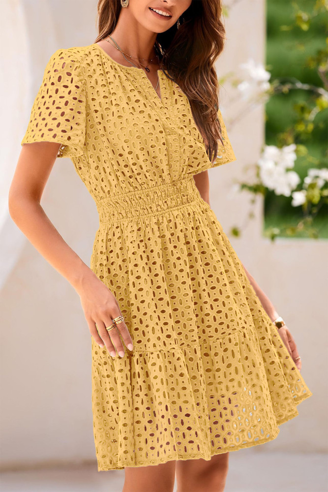 R.Vivimos Womens Summer Cotton Eyelet Dress 2025 Short Sleeve V Neck Elastic Waist Embroidered Hollow Out A-Line Mini Dress