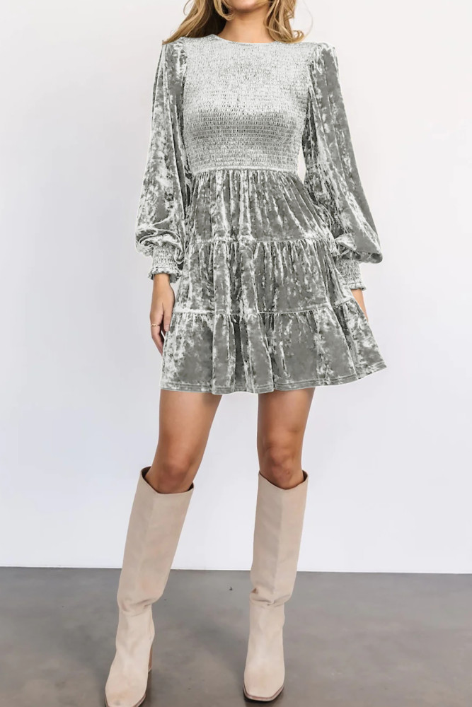 R.Vivimos Women's Fall Winter Crushed Velvet Dress Long Sleeve Crew Neck Elastic Smocked A-Line Tiered Ruffle Mini Dress