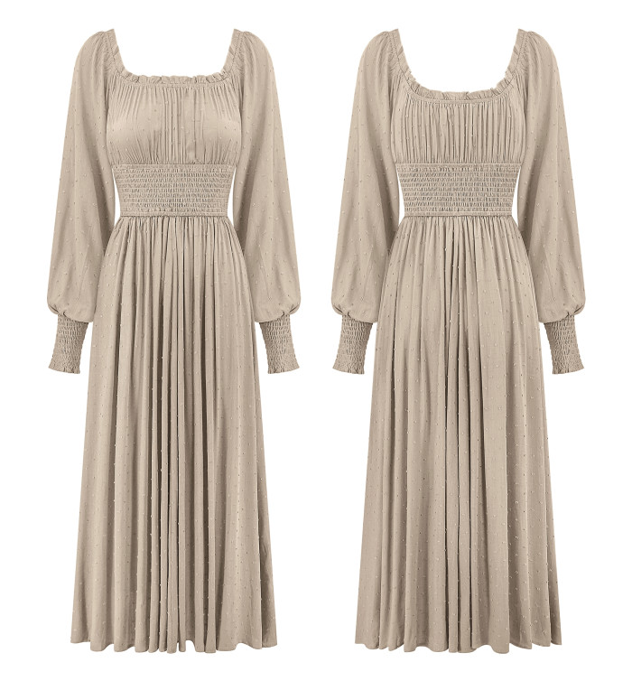 R.Vivimos Women's Puff Long Sleeve Maxi Dress Square Neck Elastic Empire Waist Swiss Dots Casual Flowy A-Line Long Dresses