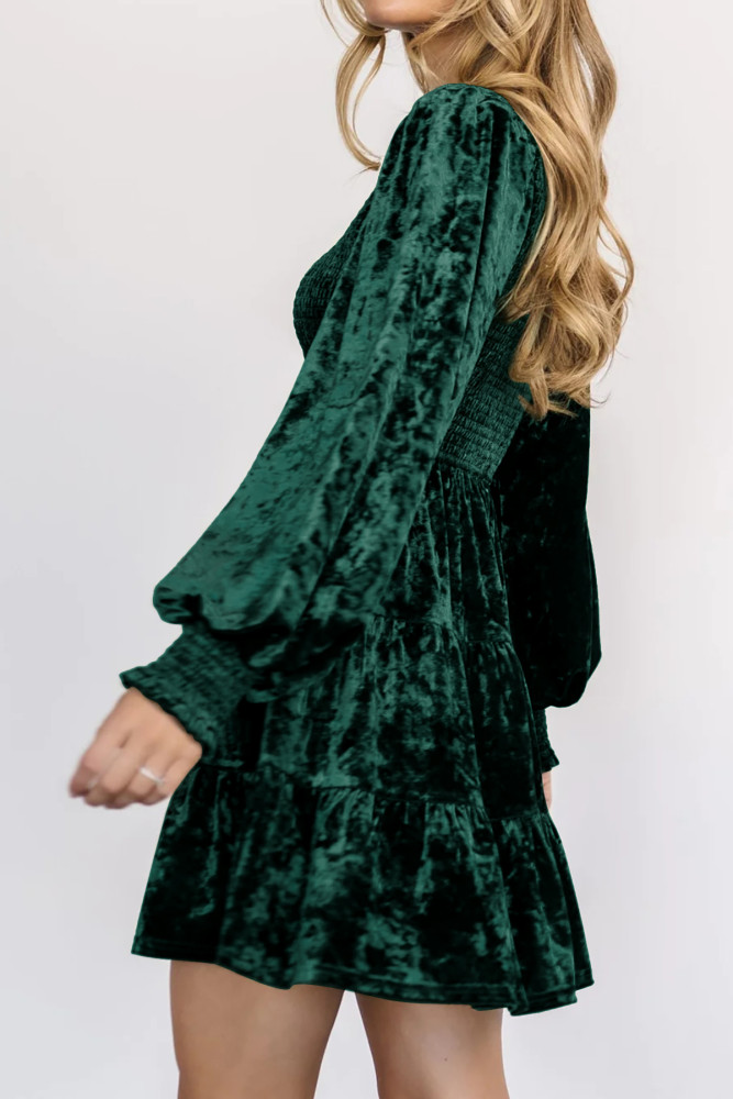 R.Vivimos Women's Fall Winter Crushed Velvet Dress Long Sleeve Crew Neck Elastic Smocked A-Line Tiered Ruffle Mini Dress