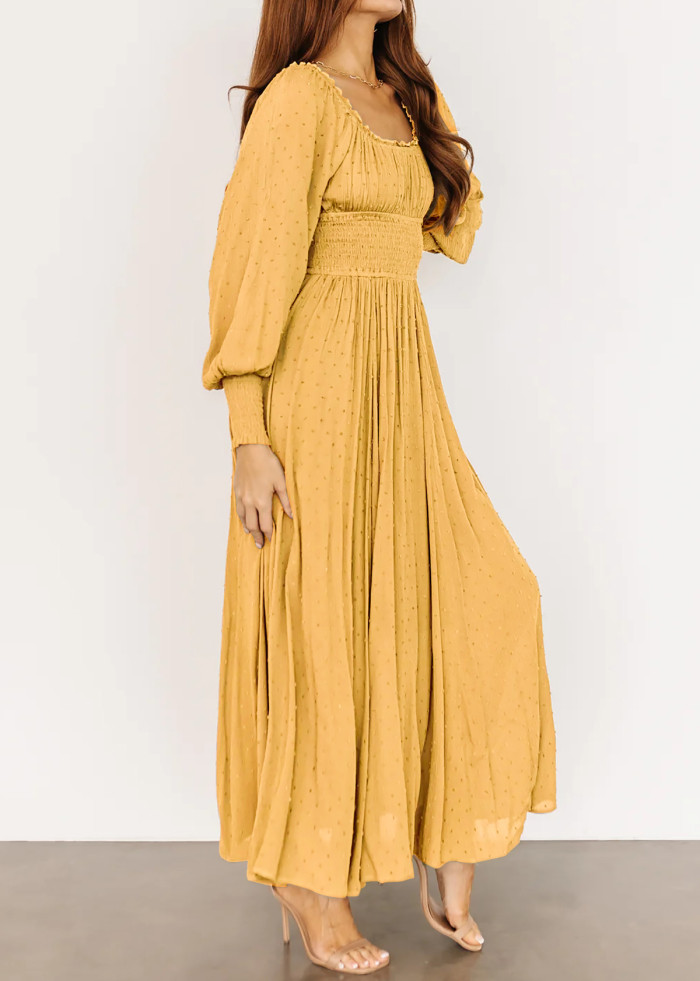 R.Vivimos Women's Puff Long Sleeve Maxi Dress Square Neck Elastic Empire Waist Swiss Dots Casual Flowy A-Line Long Dresses