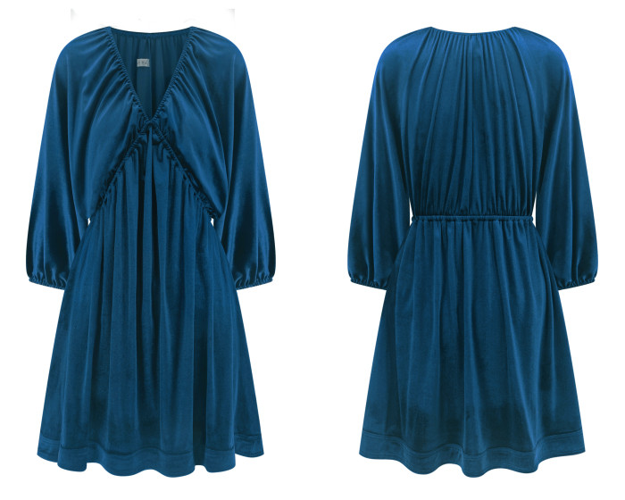 R.Vivimos Womens Fall Velvet Tunic Dress 2024 Trendy Sexy Deep V Neck 3/4 Sleeve Elastic Waist Loose Mini Dress with Pockets