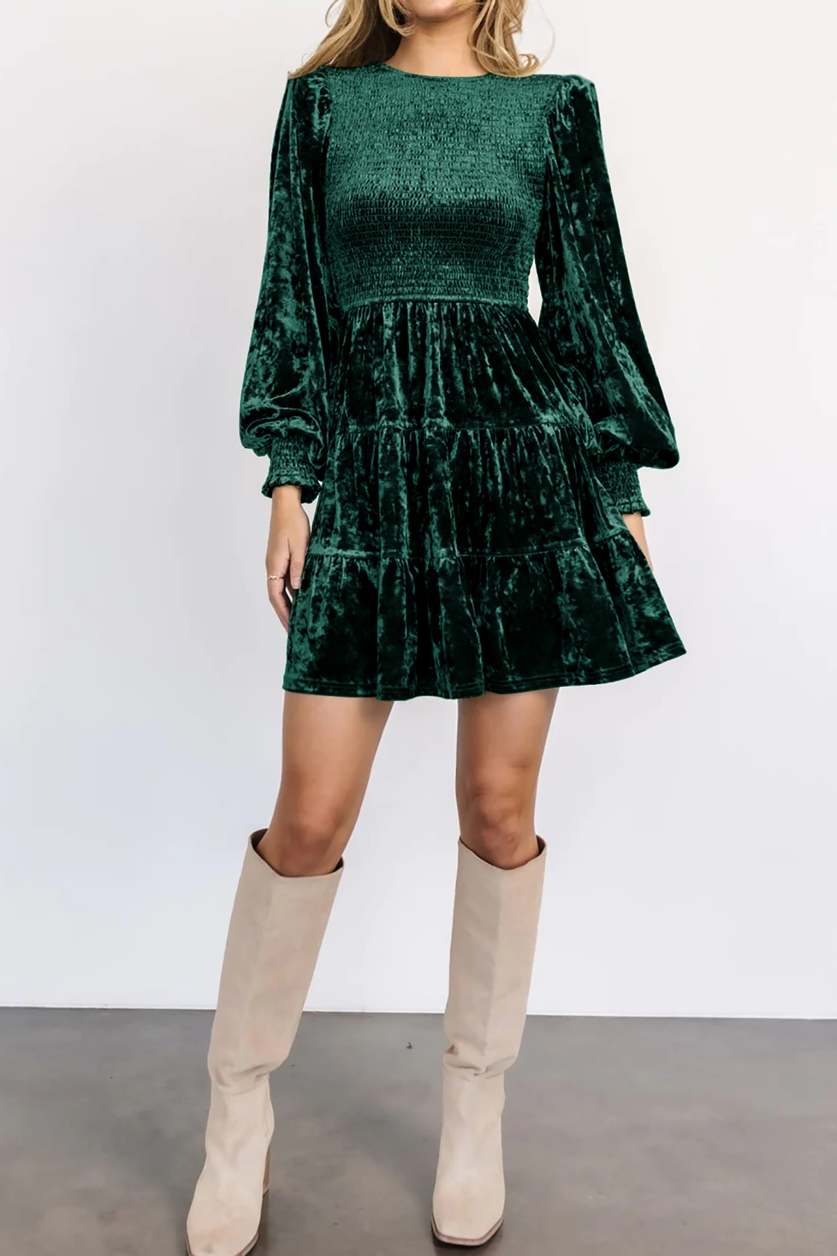 R.Vivimos Women's Fall Winter Crushed Velvet Dress Long Sleeve Crew Neck  Elastic Smocked A-Line