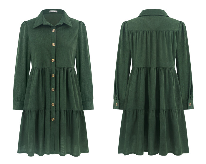 R.Vivimos Womens Fall Corduroy Dress 2024 Long Sleeve Button Down Tunic Mini Babydoll Dress with Pockets