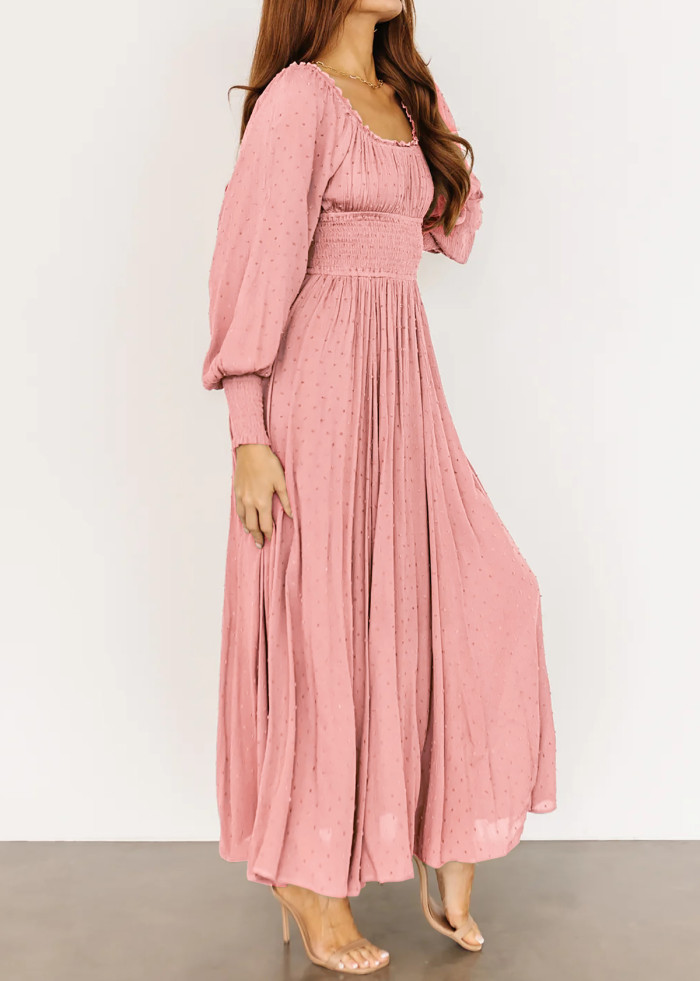 R.Vivimos Women's Puff Long Sleeve Maxi Dress Square Neck Elastic Empire Waist Swiss Dots Casual Flowy A-Line Long Dresses
