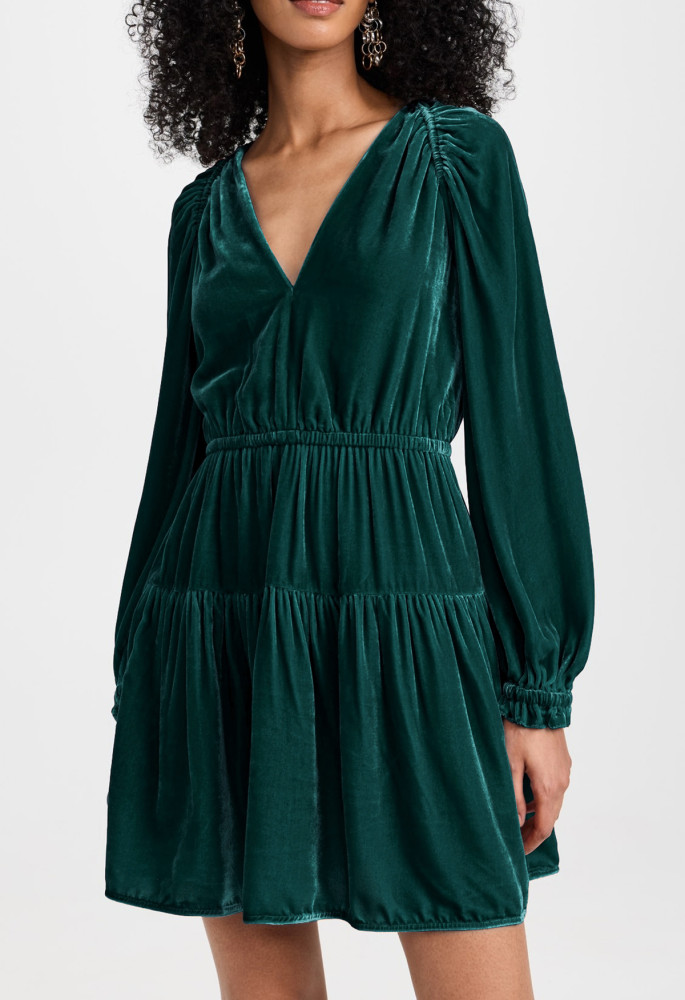 R.Vivimos Womens Fall Velvet Mini Dress V Neck Long Sleeve Elastic Waist Winter Tiered Flowy Swing A-Line Dress with Pockets