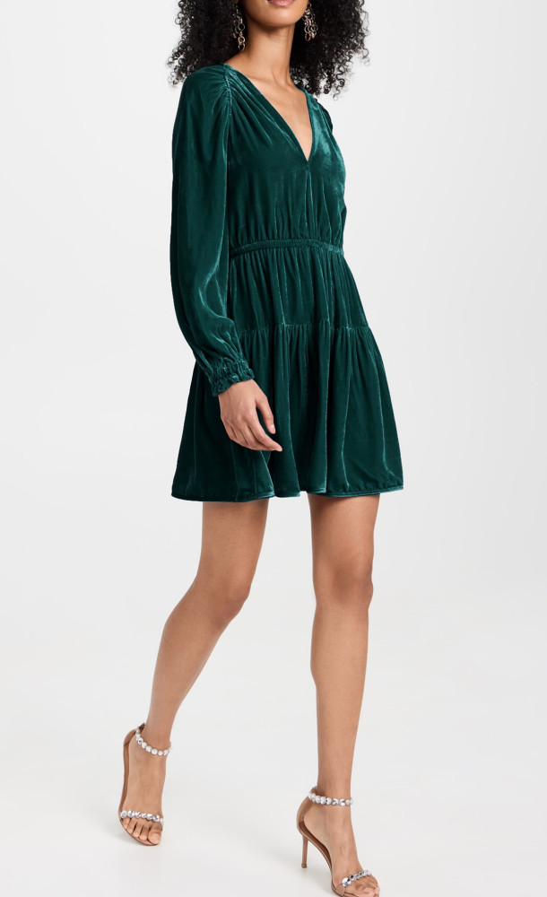 R.Vivimos Womens Fall Velvet Mini Dress V Neck Long Sleeve Elastic Waist Winter Tiered Flowy Swing A-Line Dress with Pockets