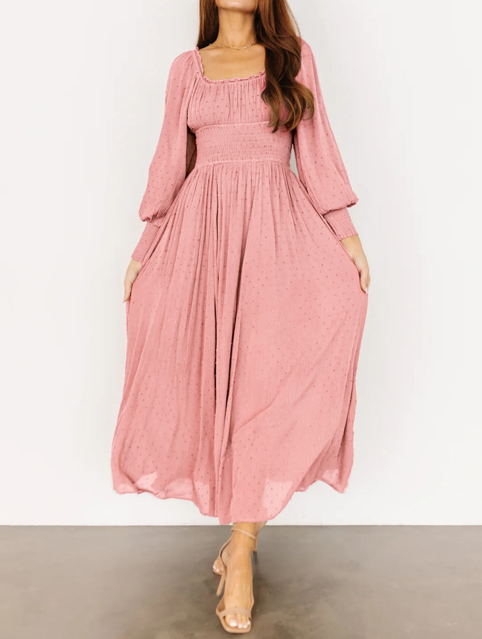 R.Vivimos Women's Puff Long Sleeve Maxi Dress Square Neck Elastic Empire Waist Swiss Dots Casual Flowy A-Line Long Dresses