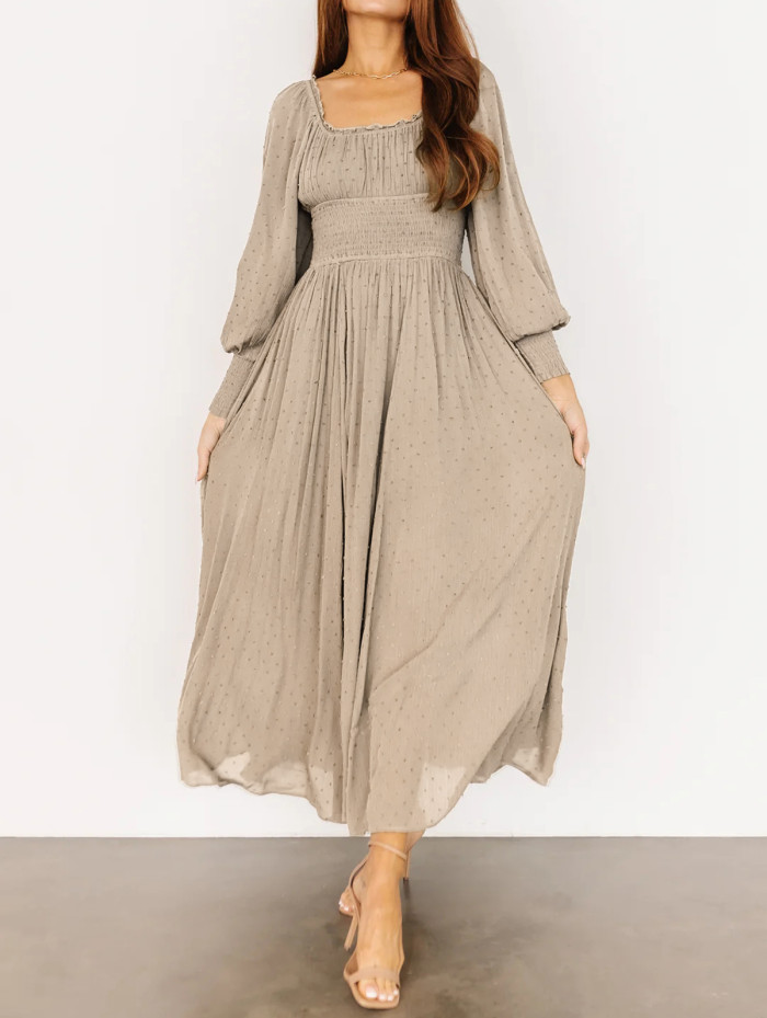 R.Vivimos Women's Puff Long Sleeve Maxi Dress Square Neck Elastic Empire Waist Swiss Dots Casual Flowy A-Line Long Dresses