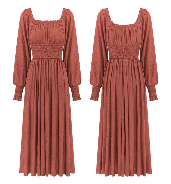 R.Vivimos Women's Puff Long Sleeve Maxi Dress Square Neck Elastic Empire Waist Swiss Dots Casual Flowy A-Line Long Dresses