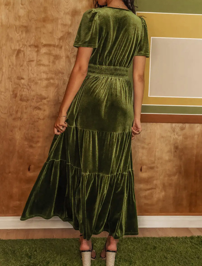 R.Vivimos Women's Fall Winter Vintage Velvet Dress Short Sleeve V Neck Elastic Waist Tiered Ruffle A-Line Elegant Maxi Dress