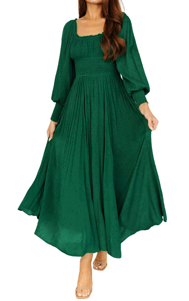 R.Vivimos Women's Puff Long Sleeve Maxi Dress Square Neck Elastic Empire Waist Swiss Dots Casual Flowy A-Line Long Dresses