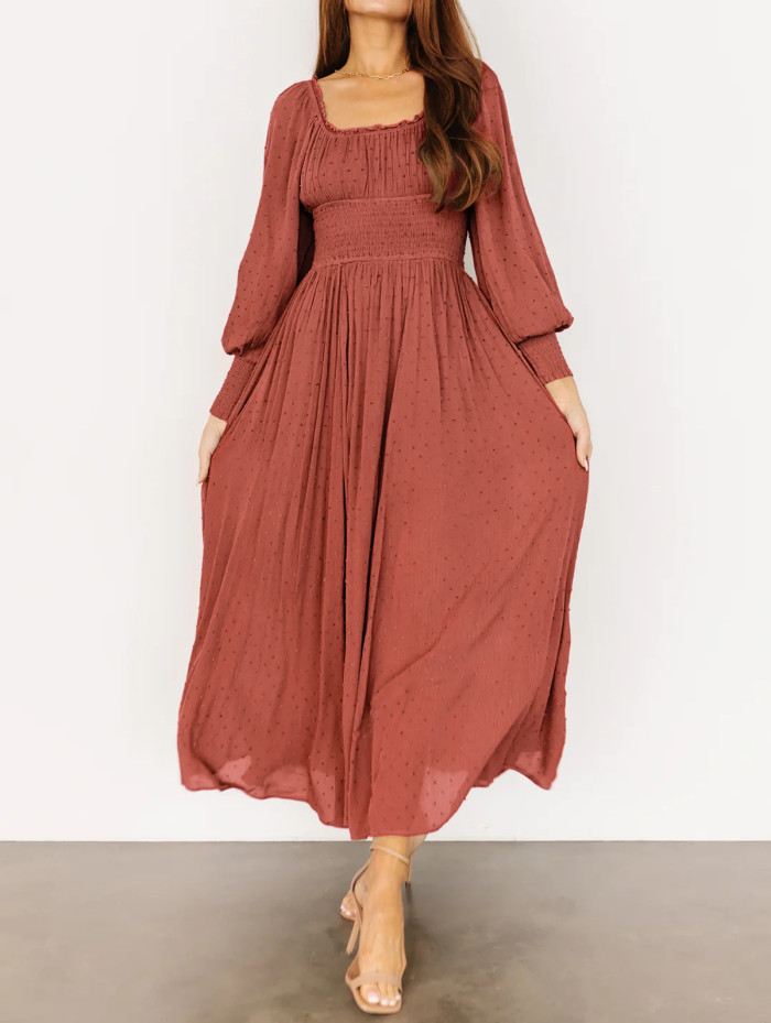 R.Vivimos Women's Puff Long Sleeve Maxi Dress Square Neck Elastic Empire Waist Swiss Dots Casual Flowy A-Line Long Dresses