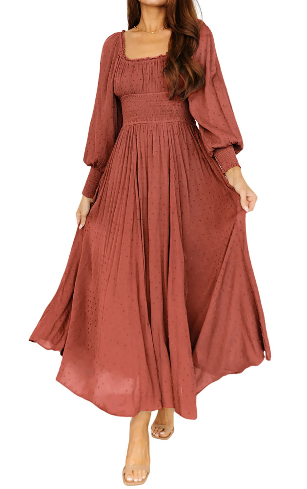 R.Vivimos Women's Puff Long Sleeve Maxi Dress Square Neck Elastic Empire Waist Swiss Dots Casual Flowy A-Line Long Dresses