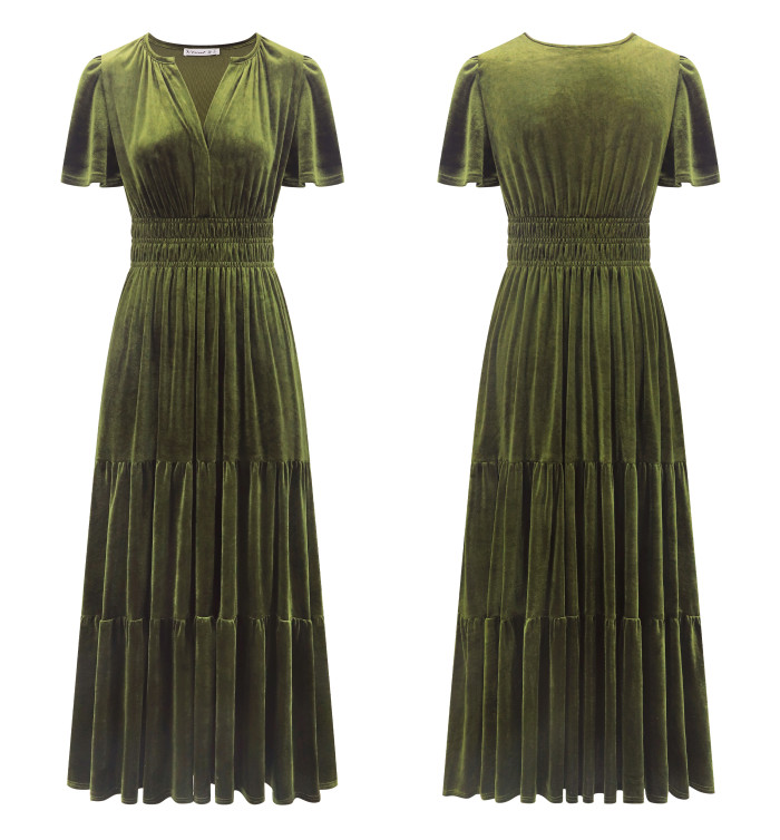 R.Vivimos Women's Fall Winter Vintage Velvet Dress Short Sleeve V Neck Elastic Waist Tiered Ruffle A-Line Elegant Maxi Dress