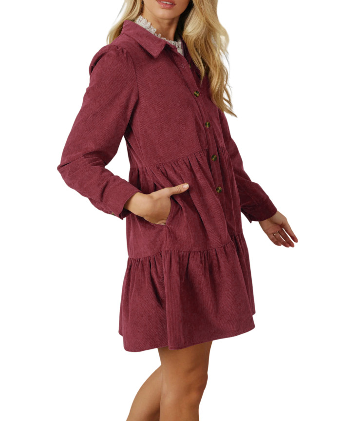 R.Vivimos Womens Fall Corduroy Dress 2024 Long Sleeve Button Down Tunic Mini Babydoll Dress with Pockets