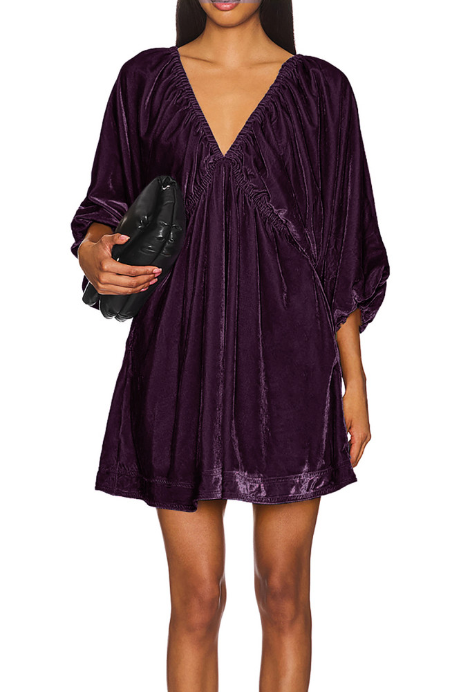 R.Vivimos Womens Fall Velvet Tunic Dress 2024 Trendy Sexy Deep V Neck 3/4 Sleeve Elastic Waist Loose Mini Dress with Pockets