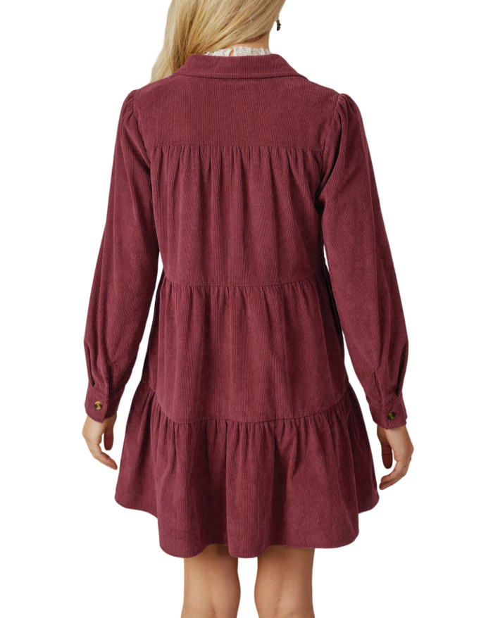 R.Vivimos Womens Fall Corduroy Dress 2024 Long Sleeve Button Down Tunic Mini Babydoll Dress with Pockets