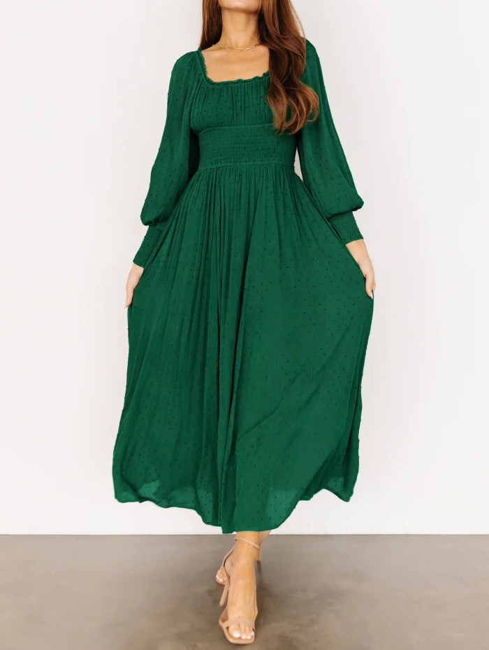 R.Vivimos Women's Puff Long Sleeve Maxi Dress Square Neck Elastic Empire Waist Swiss Dots Casual Flowy A-Line Long Dresses